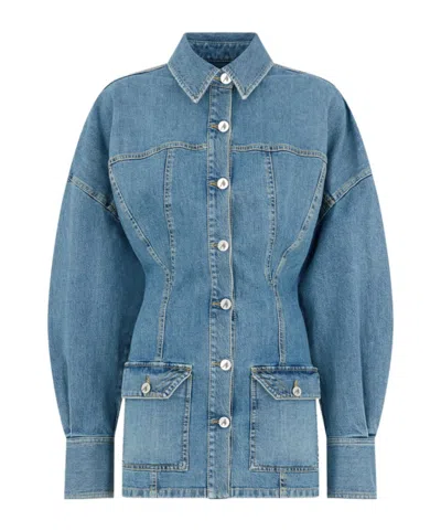 Attico Denim Mini Dress Front Pockets Long Sleeves In Blue