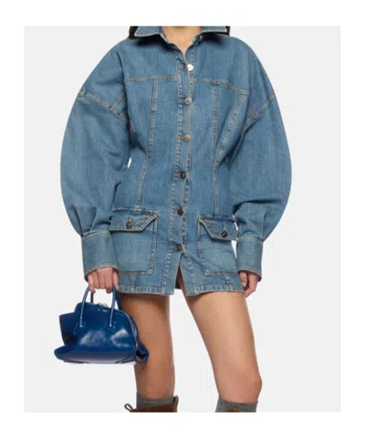 Attico Denim Mini Dress Front Pockets Long Sleeves In Blue