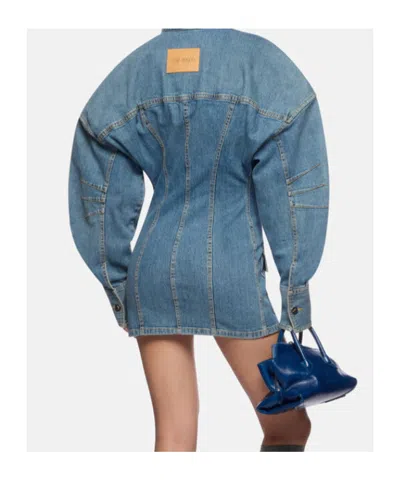 Attico Denim Mini Dress Front Pockets Long Sleeves In Blue