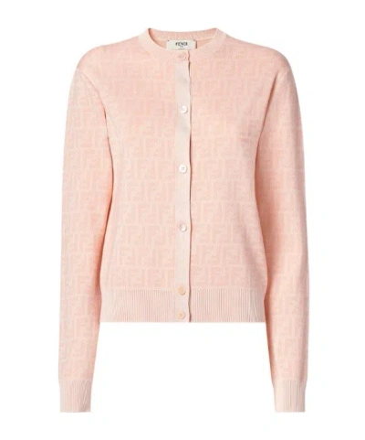 Fendi Ff Jacquard Wool Cardigan In Pink