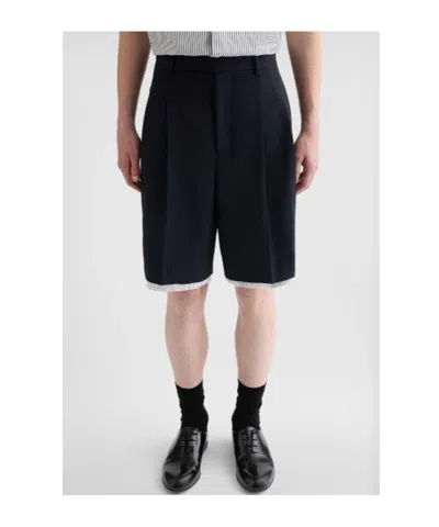 Jil Sander Double-layer Wool Shorts In Blue