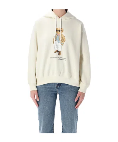 Polo Ralph Lauren Bear Hoodie Top Graphic Print Ribbed Cuffs In White