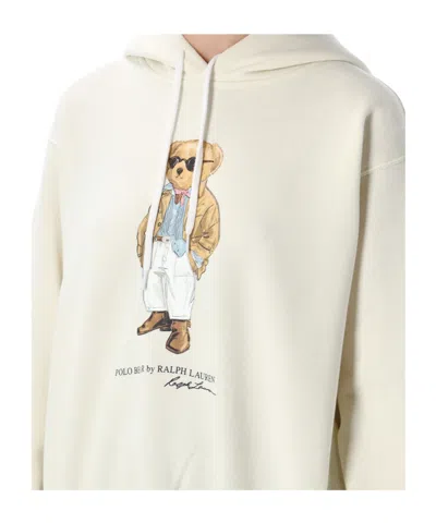 Polo Ralph Lauren Bear Hoodie Top Graphic Print Ribbed Cuffs In White