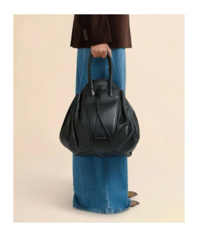 Marni Logo Stamped Tulipea Large Handbag In Black