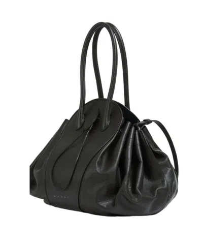 Marni Logo Stamped Tulipea Large Handbag In Black