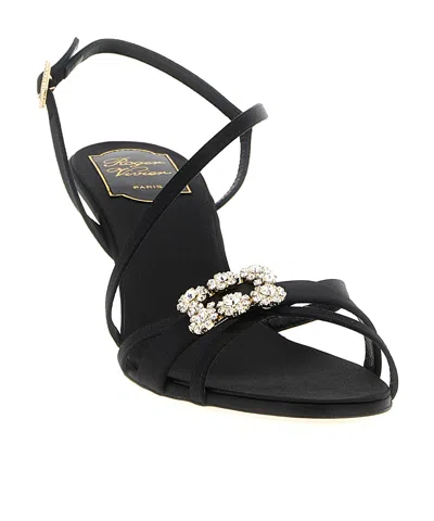 Roger Vivier Strass Sandals Slingback Straps Mini Flowers In Black