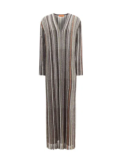 Missoni Long Dress With V-neck And Herringbone Stripe Knit In Multi