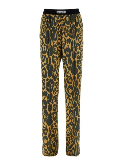Tom Ford Multicolor Pants With Logo Patch On The Waist And All-over Leopard Print In Silk Stretch Woman In Multi