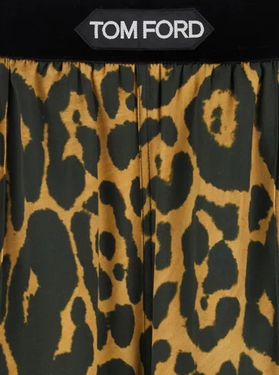Tom Ford Multicolor Pants With Logo Patch On The Waist And All-over Leopard Print In Silk Stretch Woman In Multi