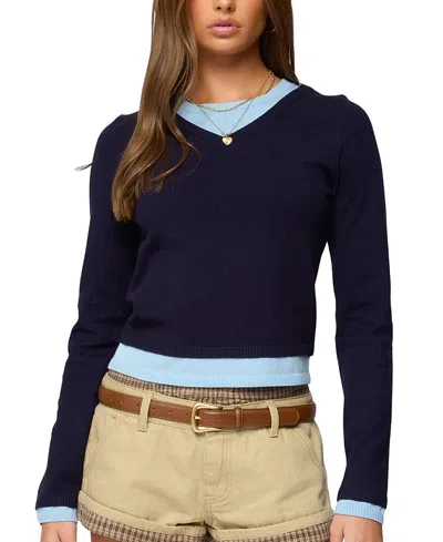 Edikted Marthie Layered Knit V Neck Top In Blue
