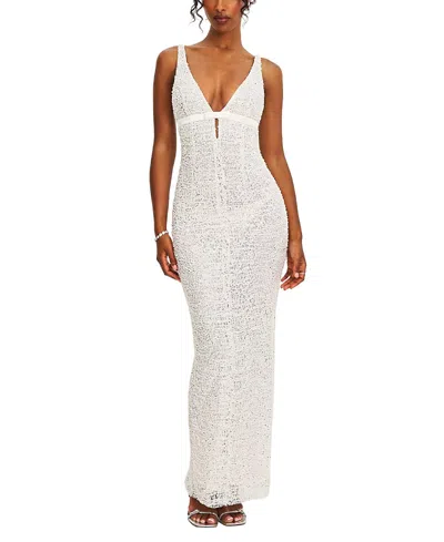 Miss Circle Adelaide Beaded Sequin Net Bodycon Gown In White