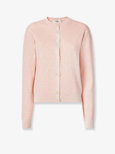 Fendi Ff Jacquard Wool Cardigan In Pink