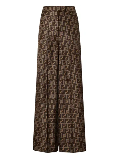 Fendi Ff Silk Wide-leg Trousers In Brown