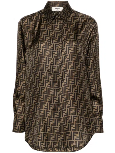 Fendi Ff Silk Jacquard Oversized Shirt In Brown