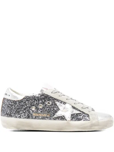 Golden Goose Super-star In Leather With Silver Glitter In Gray