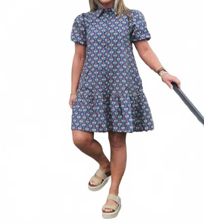 A & She Floral Cotton Poplin Bubble Short Sleeve Dress In Navy In Blue