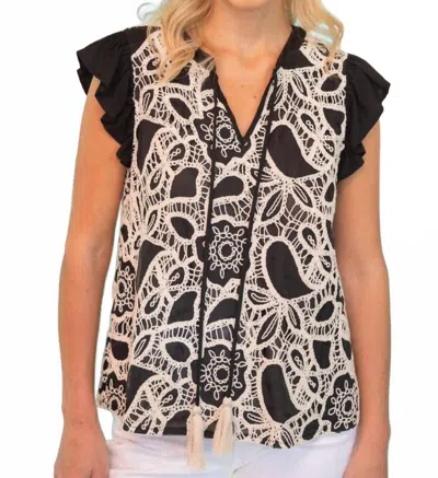 Voy Piasley Embroidered Front Self Tie Tassled Top In Black In Black