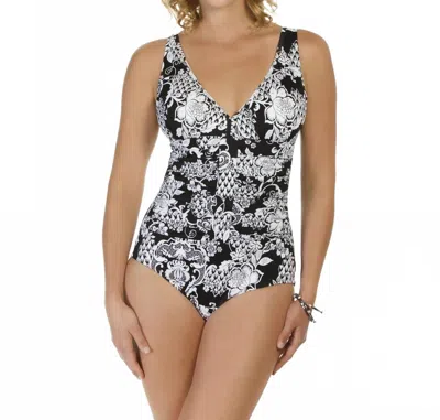 Shape Solver Intermingle Shirred One Piece Swimsuit In Sol Black And White In Multi
