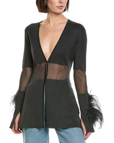 Lapointe Sheer Intarsia Ostrich-trim Top In Black