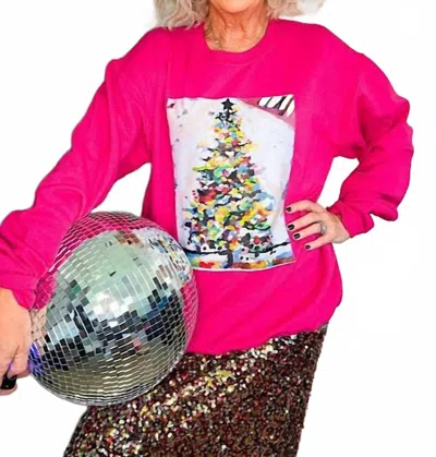 Three Pearls And Co. White Christmas Tree Sweatshirt In Pink In Pink