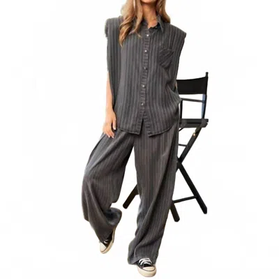 Davi & Dani Stripe Short Sleeve Button Down Shirt And Pants In Grey In Gray