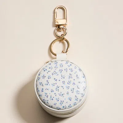 Fashnzfab Floral Pattern Printed Round Shaped Travel Jewelry Case Keychain Bag Charm In White