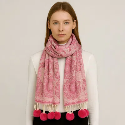 Truedames Elegant Patterned Pom Tassel Accent Winter Scarf In Pink