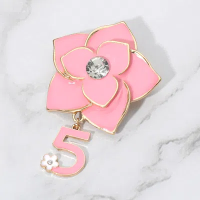 Fashnzfab Stone Pointed Enamel Flower Number Five Dangle Pin Brooch In Pink