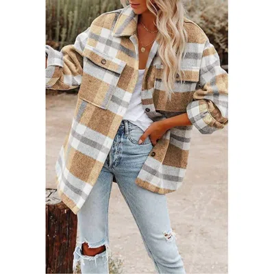 Lily Clothing Casual Plaid Button Down Jacket In Khaki In Green