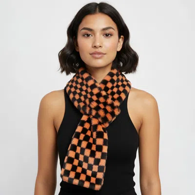 Truedames Faux Fur Plush Checkered Pull Through Scarf In Brown