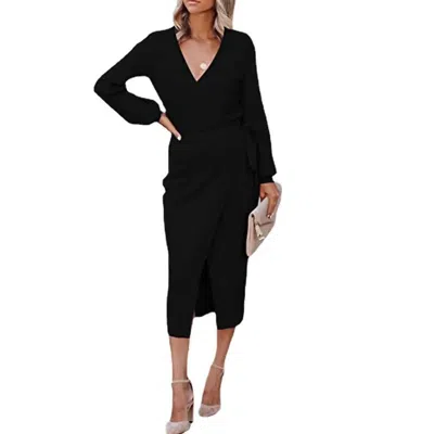 Nihao Jewelry Women's V Neck Belted Knit Dress In Black In Black