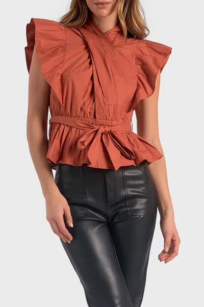 Elan Wrap Top With Flutter Pleated Sleeve In Rust In Multi