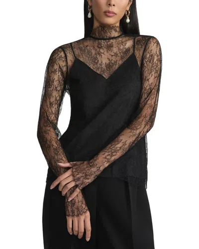 Lafayette 148 Lace Trim Mock Neck Silk-blend Blouse In Black
