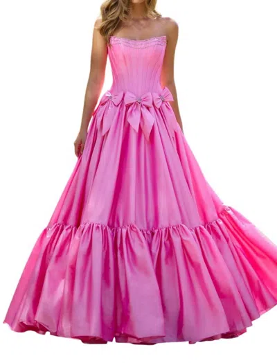 Sherri Hill Strapless Taffeta Ballgown With Beaded Corset And Cascading Ruffles In Pink In Pink