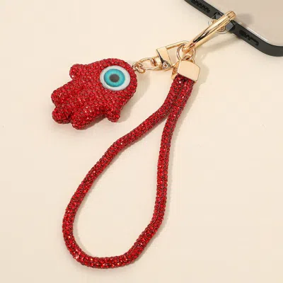 Fashnzfab Bling Studded Evil Eye Hamsa Hand Charm Keychain Bag Charm Phone Holder In Brown