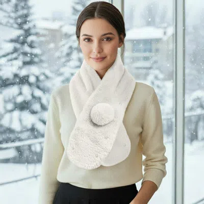 Truedames Pearl Embellished Faux Fur Pom Pom Pull Through Scarf In White