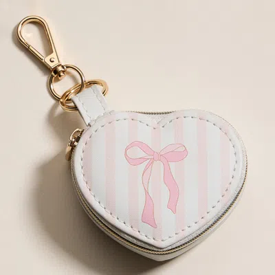 Fashnzfab Bow Accent Striped Printed Heart Shaped Jewelry Case Keychain Bag Charm In Pink