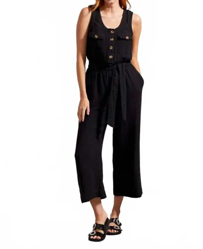 Tribal Jumpsuit With Sash And Pockets Button Front In Black In Black