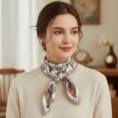 Truedames Flower Feather Motif Printed Square Silky Satin Bandana Scarf In Gray