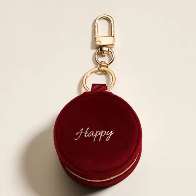 Fashnzfab Happy Embroidered Round Shaped Travel Jewelry Case Keychain Bag Charm In Burgundy