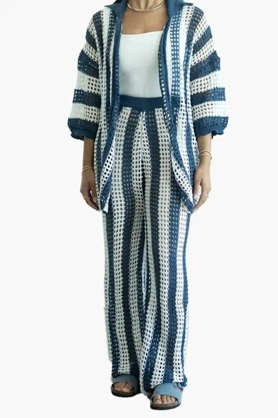 Little Trendy Cover Up Button Up Tops With Pants Crochet Set In Navy In Blue