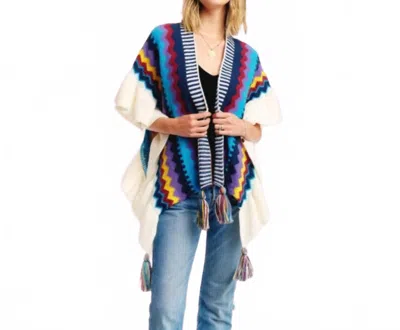 Love Sense Sassy Kimono Style Poncho With Ruffles In Blue In Multi