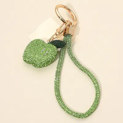 Fashnzfab Bling Studded Apple Charm Keychain Bag Charm Phone Holder In Green