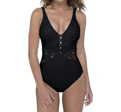 Profile By Gottex Lace V-neck Strappy One Piece Swimsuit In Shalimar Black In Multi