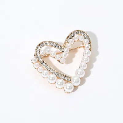 Fashnzfab Pearl Rhinestone Open Double Heart Pin Brooch In Gold