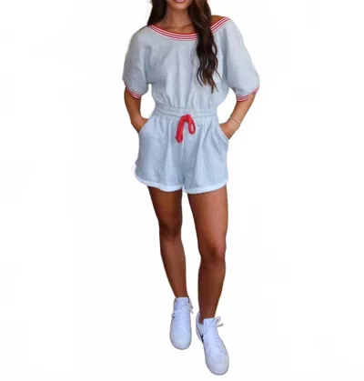 Bucketlist Ribbed Band Trim Terry Romper In White/ Pink In Blue