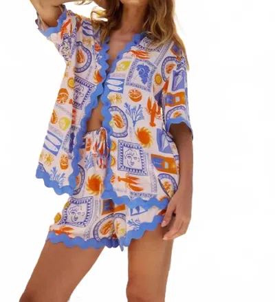 Little Trendy Summer Vacation Two Piece Shorts Set In Sun Print In Blue
