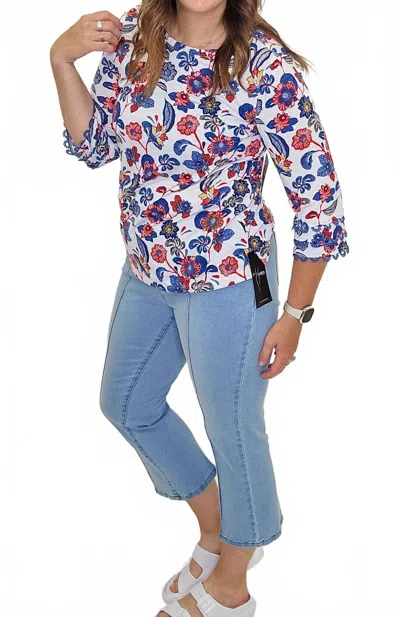 Multiples Lace Three Quarter Sleeve Top In Red & Blue In Multi