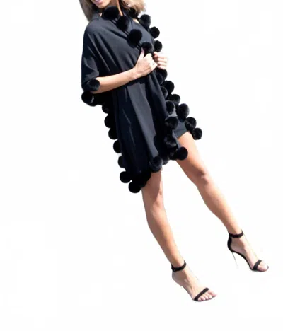 La Fiorentina Faux Fur Poms Trim Wrap In Black In Blue