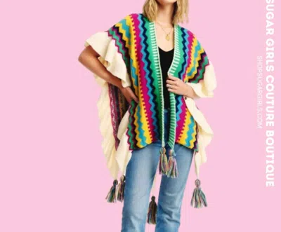 Love Sense Sassy Kimono Style Poncho With Ruffle In Green In Multi